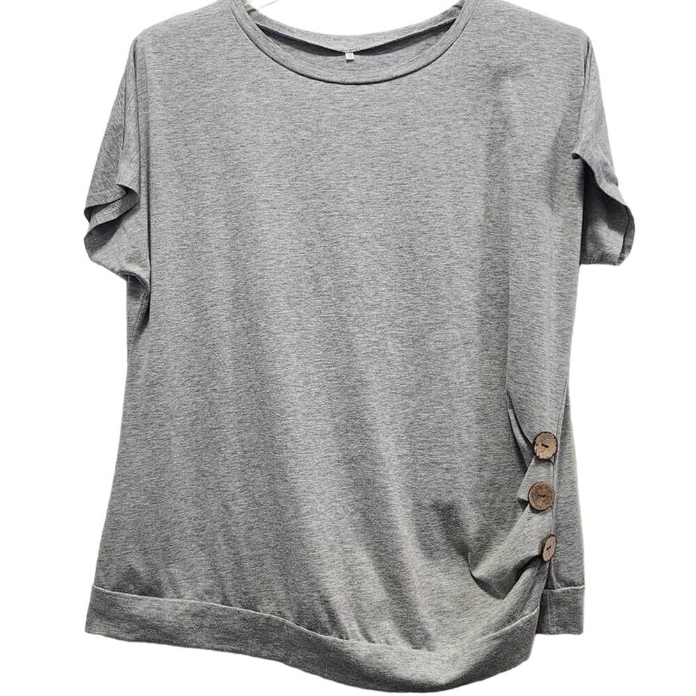 No Brand Women's Gray Scoop-Neck w/3Wood Buttons on Side Short-Sleeve 2XL
